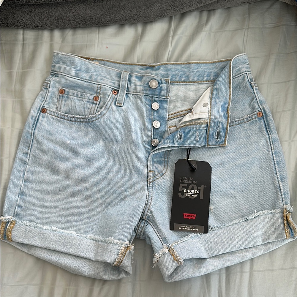 Levi's Blue Jean Shorts with High-Waisted Design and Rolled Cuff